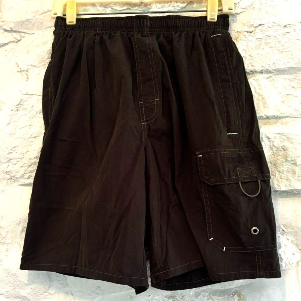 Speedo Black Cargo Swim Trunks Mens Medium Mesh Lined Drawstring Board Shorts
